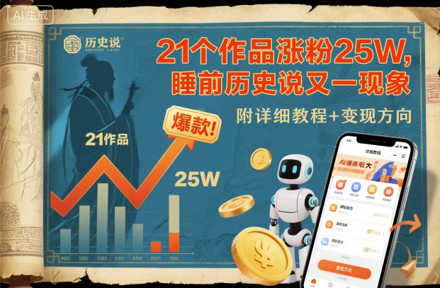 21个作品涨粉25W，睡前历史说又一现象级AI内容大爆款来啦，附详细教程+变现方向
