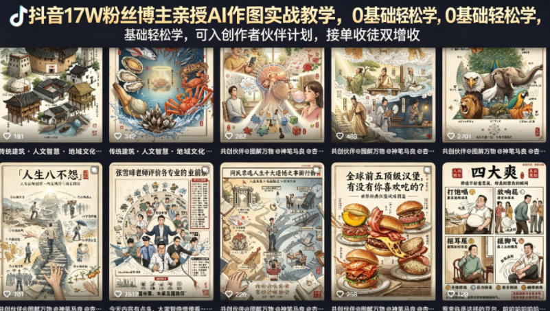 抖音17W粉丝博主亲授AI作图实战教学，0基础轻松学，可入创作者伙伴计划，接单收徒双增收