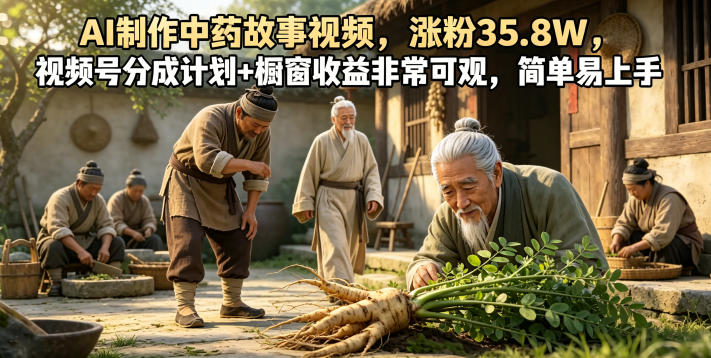 AI制作中药故事视频，涨粉35.8W，视频号分成计划+橱窗收益非常可观，简单易上手