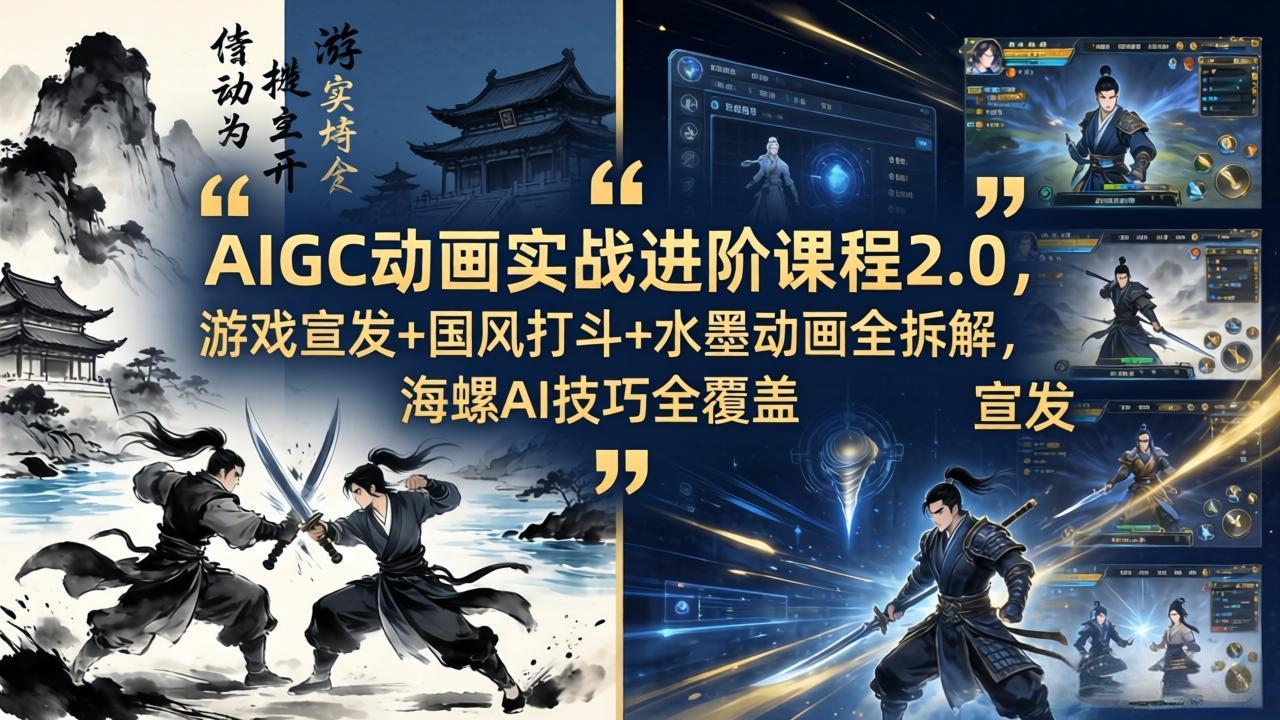 （18235期）AIGC动画实战进阶课程2.0，游戏宣发+国风打斗+水墨动画全拆解，海螺AI技巧全覆盖
