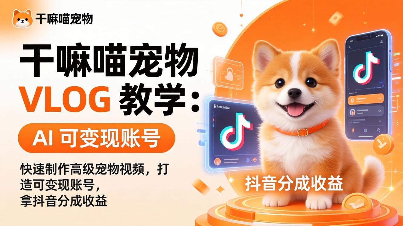 （17888期）干嘛喵宠物 VLOG 教学：AI 快速制作高级宠物视频，打造可变现账号，拿抖音分成收益